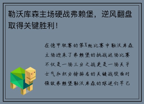 勒沃库森主场硬战弗赖堡，逆风翻盘取得关键胜利！
