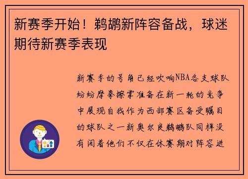新赛季开始！鹈鹕新阵容备战，球迷期待新赛季表现